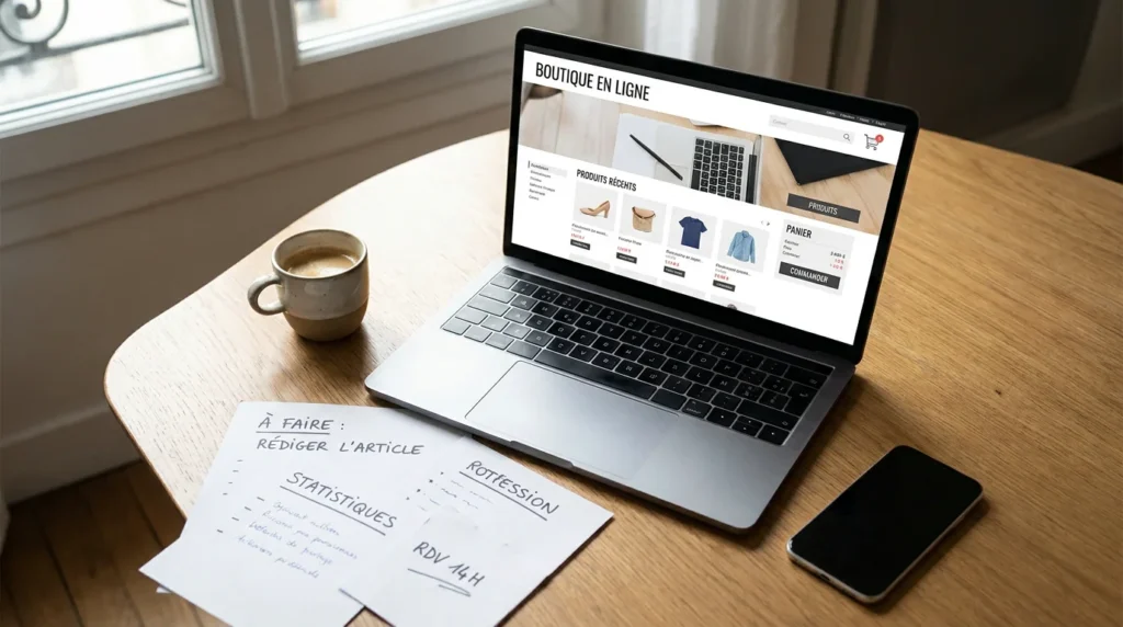 Bureau professionnel avec un ordinateur portable affichant une boutique en ligne lors d'un projet de migration e-commerce