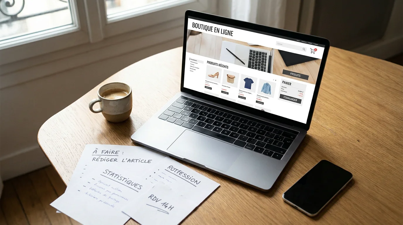 Bureau professionnel avec un ordinateur portable affichant une boutique en ligne lors d'un projet de migration e-commerce