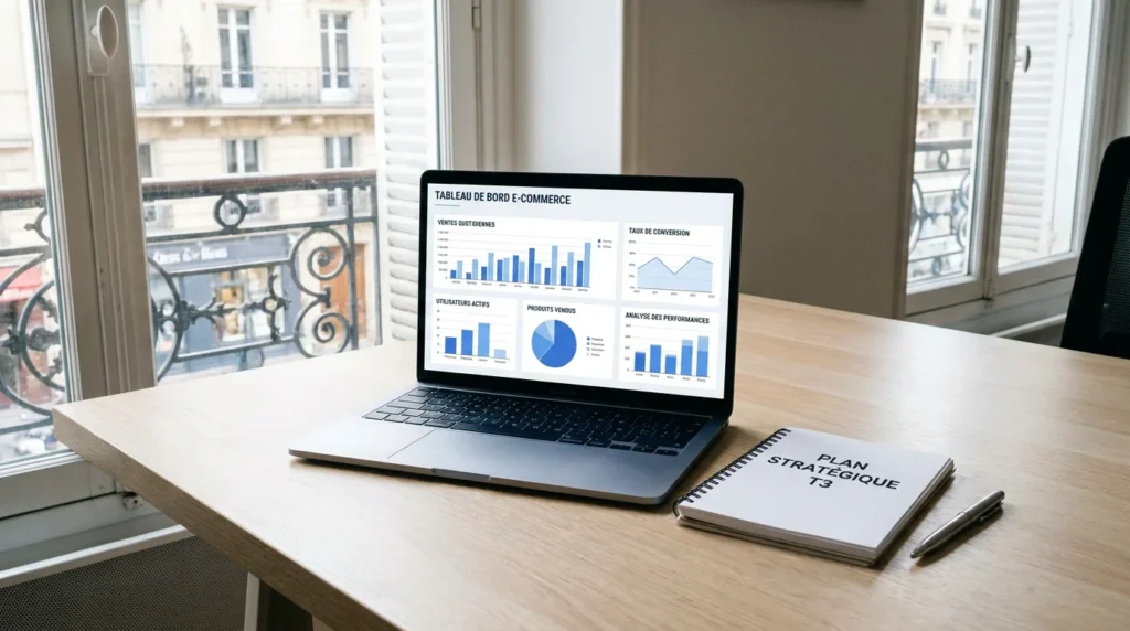 Écran d'ordinateur affichant un tableau de bord e-commerce lors d'une migration de boutique en ligne