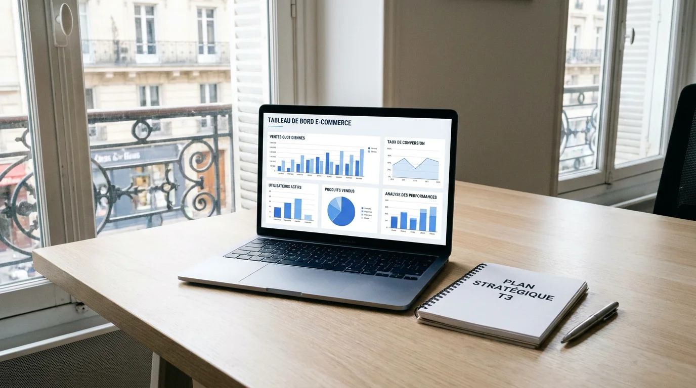 Écran d'ordinateur affichant un tableau de bord e-commerce lors d'une migration de boutique en ligne