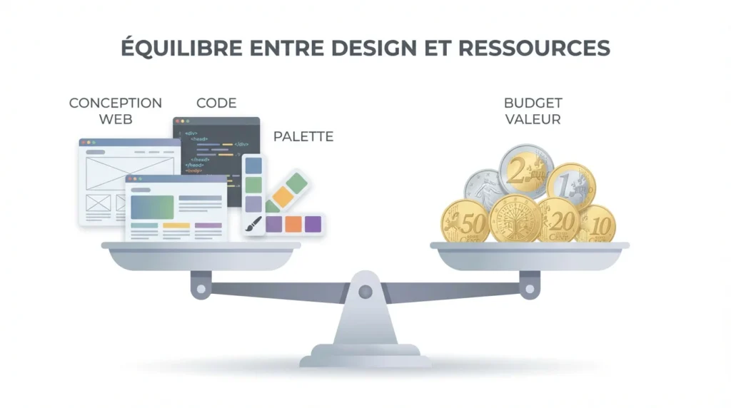 Illustration d'une balance comparant les éléments de conception web et le budget en euros