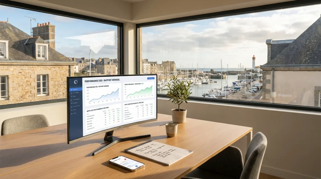 Bureau professionnel avec vue sur un port breton et écran affichant des tableaux de bord de performance SEO