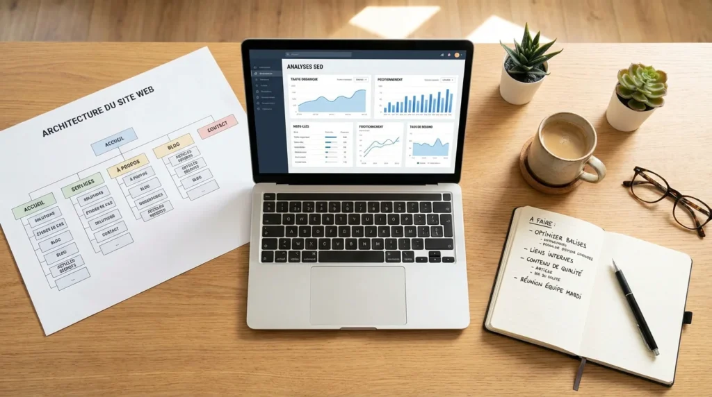 Espace de travail professionnel avec cahier des charges SEO et outils d'analyse