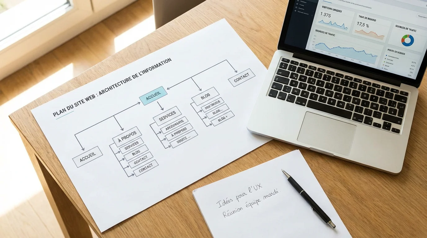 Cahier des charges SEO posé sur un bureau avec ordinateur et notes de travail
