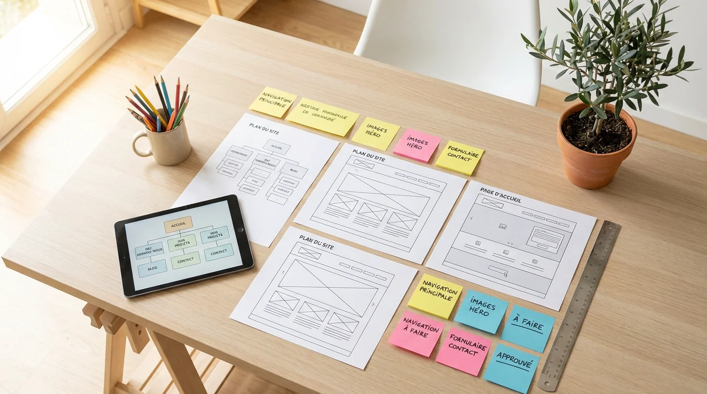 Espace de travail organisé pour la préparation d'un cahier des charges de refonte de site internet