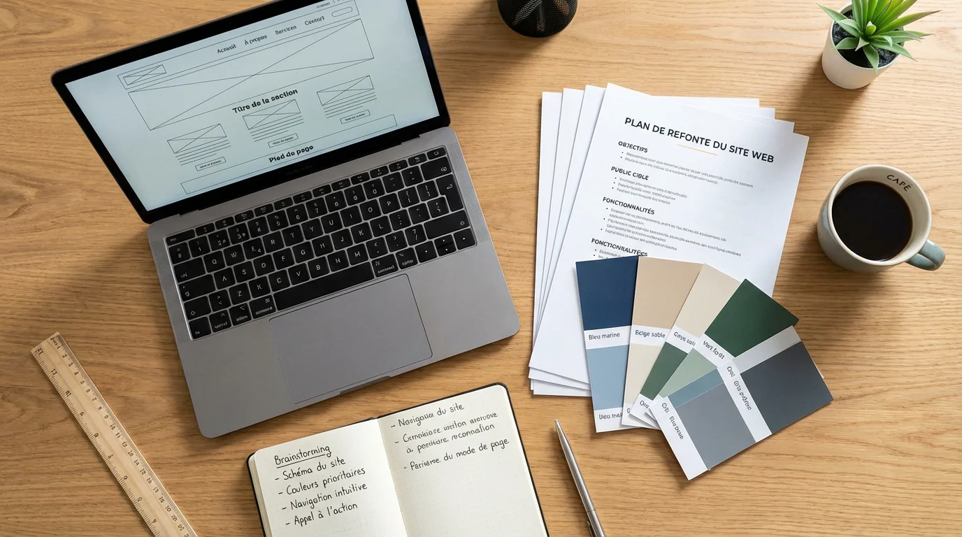 Bureau organisé avec documents de cahier des charges pour une refonte de site internet
