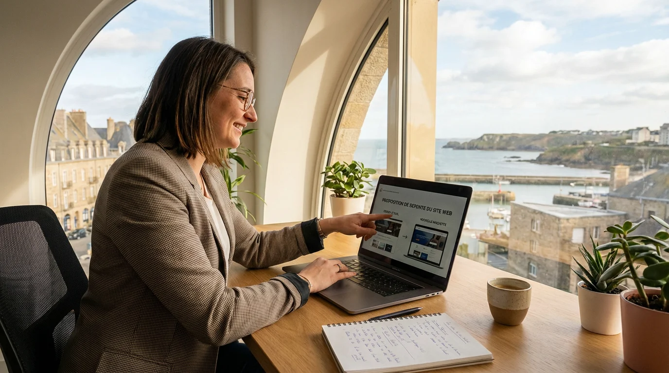 Entrepreneur consultant des propositions de refonte de site internet sur un ordinateur portable dans un bureau moderne