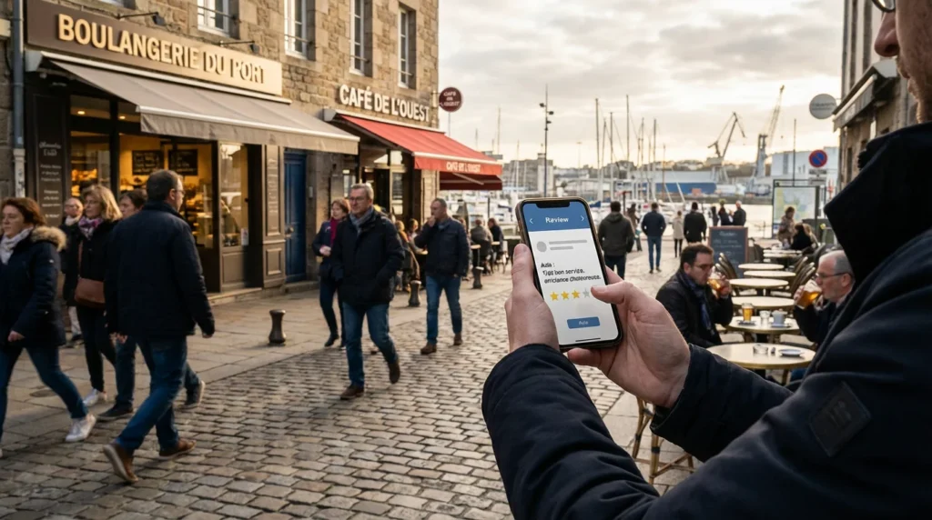 Client laissant un avis Google devant un commerce local à Brest