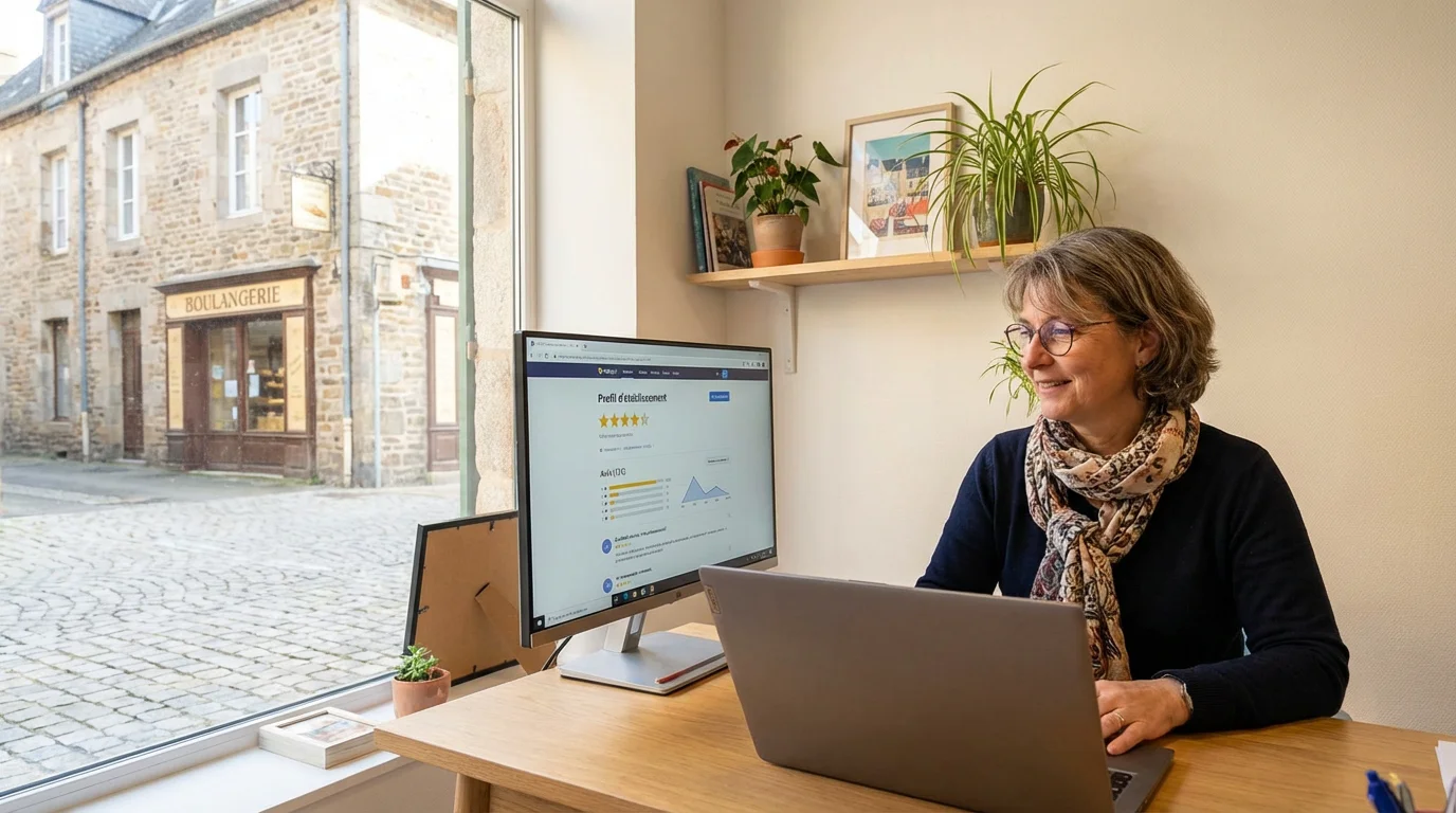 Un professionnel répond aux avis clients Google depuis son bureau