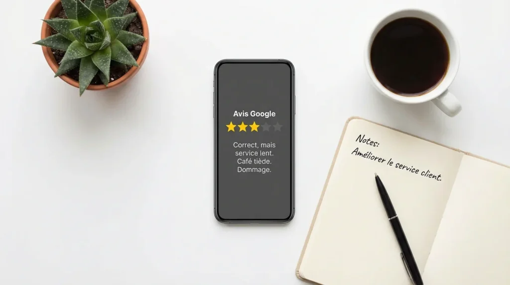 Gestion des avis neutres sur Google avec un smartphone affichant une note de 3 étoiles