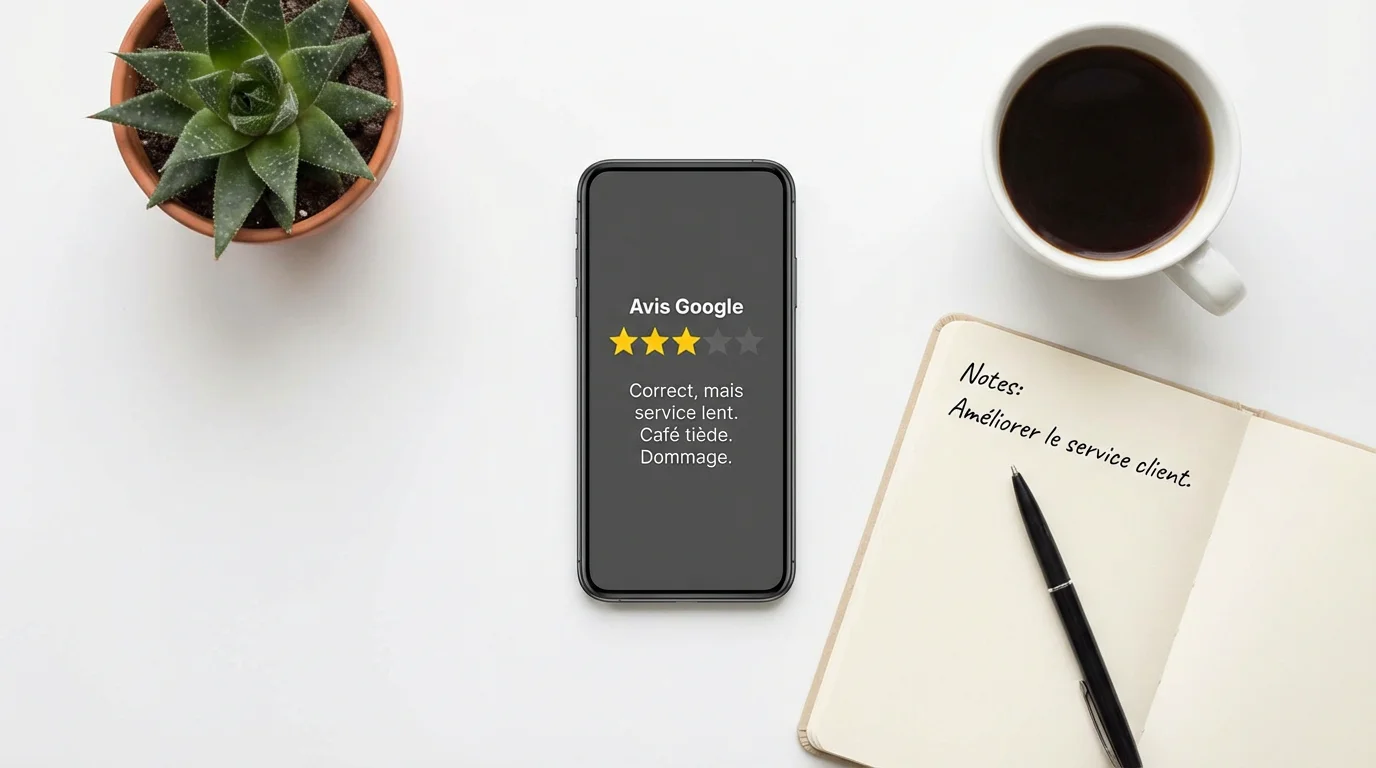 Gestion des avis neutres sur Google avec un smartphone affichant une note de 3 étoiles