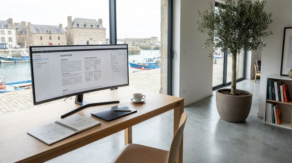 Bureau de designer web avec écran affichant des maquettes de sites internet