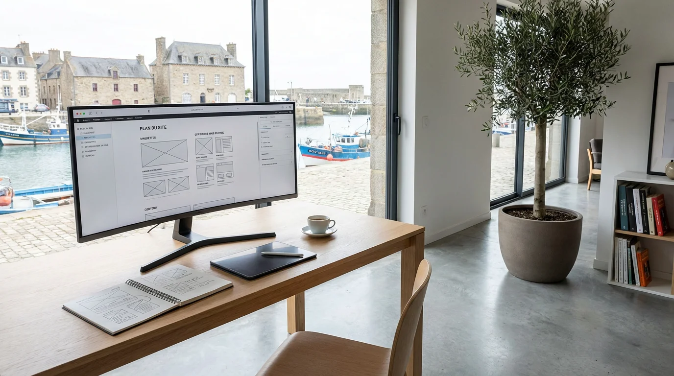 Bureau de designer web avec écran affichant des maquettes de sites internet