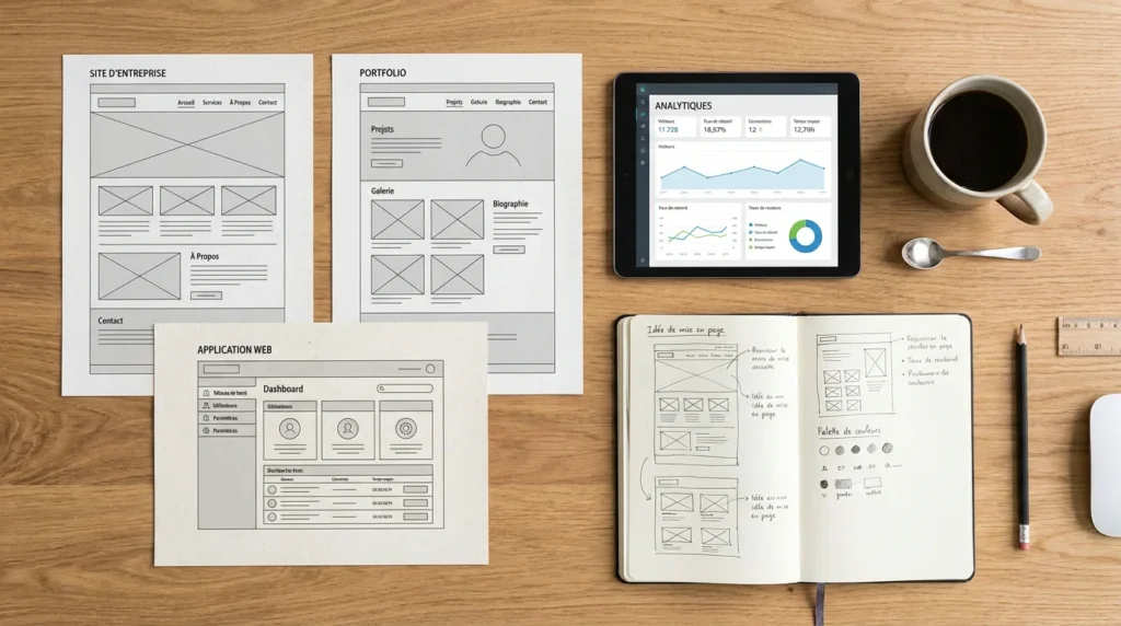 Maquettes de différents types de sites web sur un bureau professionnel